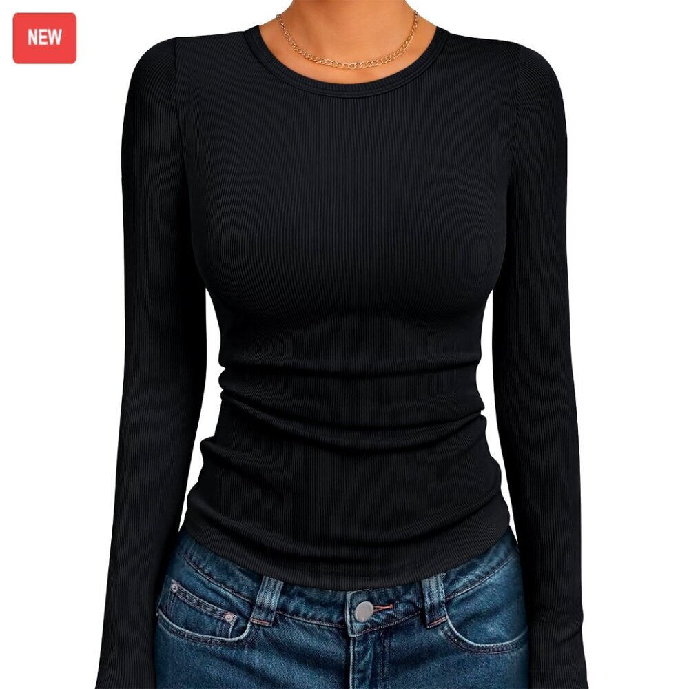Ribbed Long Sleeve Top, Soft Stretch Crewneck, Work Casual Shirt